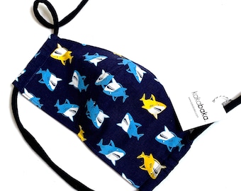 Navy Blue Shark Face Mask With Pocket for filter and fabric ties, Sharks face mask for kids