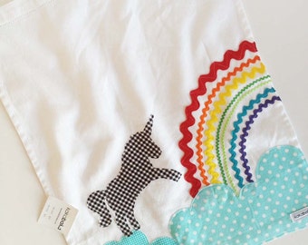 Unicorn Dancing on a Cloud with Rainbow -  Rick Rack, Ribbon Applique on Soft Cotton Huck Towel