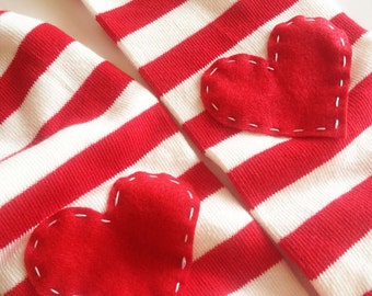 Striped Heart Baby Leg Warmers: Red and White with red heart applique