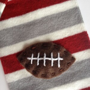 Football Baby Leg Warmers: maroon, silver grey and white stripes with footballs Snack Size Leg Candy image 3