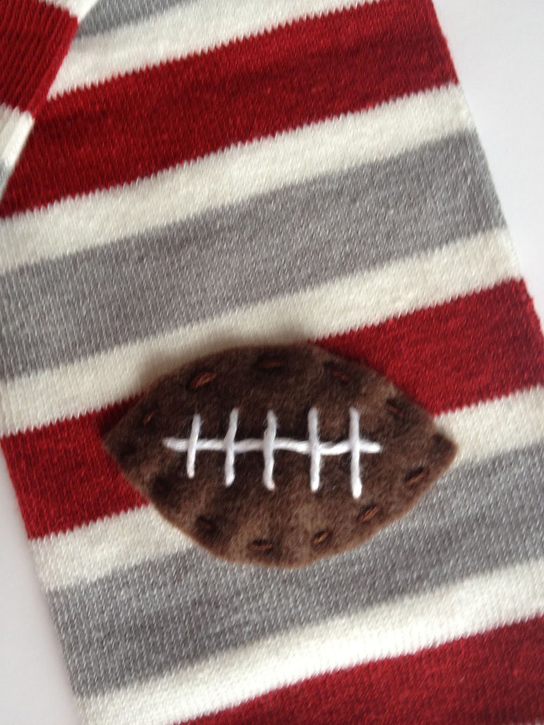 Football Baby Leg Warmers: maroon, silver grey and white stripes with footballs Snack Size Leg Candy image 3