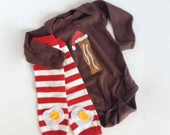 Funny Christmas Santa Bacon and Eggs One piece with Striped Baby Leg Warmers