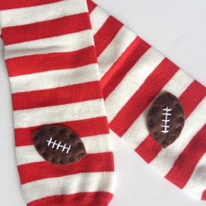 Football Baby Leg Warmers: red and white stripes with footballs image 1