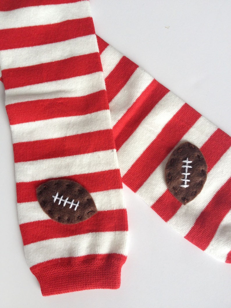 Football Baby Leg Warmers: red and white stripes with footballs image 1