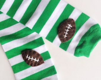 Football Baby Leg Warmers: green and white stripes with footballs