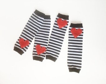 Striped Heart Baby Leg Warmers: Black and White Stripes with red heart applique