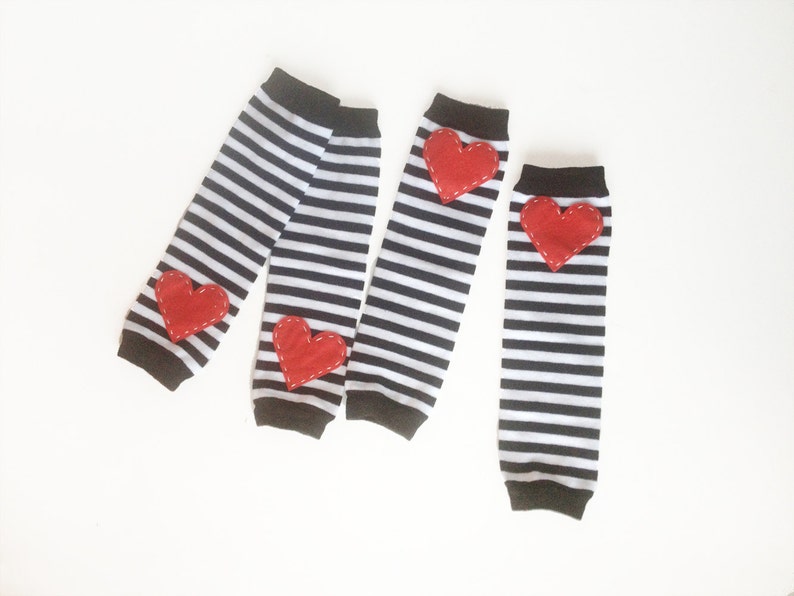 Striped Heart Baby Leg Warmers: Black and White Stripes with red heart applique image 1