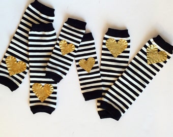 Striped Heart Baby Leg Warmers: Black and White Stripes with gold heart applique