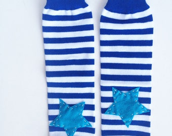 Blue Striped Star Leg Warmers, Boy Leg Warmers, Blue Baby Leg Warmers