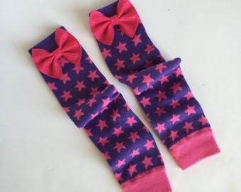 Long Leg Warmers for Girls, Purple and pink star Leg Warmers with pink Bow