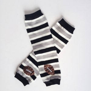 Football Baby Leg Warmers: black, grey and white stripes with footballs Snack Size Leg Candy image 2