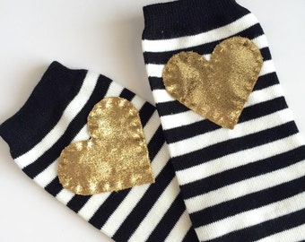 Striped Heart Baby Leg Warmers: Black and White Stripes with gold heart applique