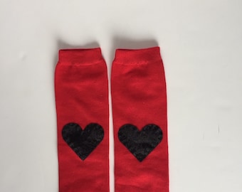 Red Heart Baby Leg Warmers: solid red with black velvety heart applique