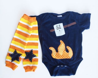 Campfire Baby Camping One Piece, Toasted Marshmallow Navy Blue Creeper and Baby Leg Warmers