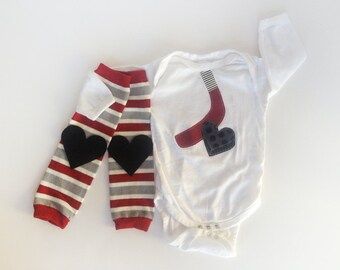 Valentine's Day One Piece Bodysuit Hockey one piece with striped bow leg warmers