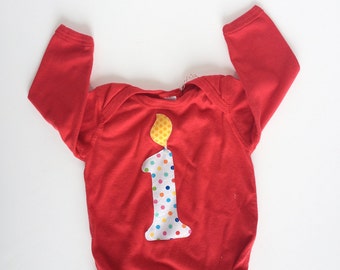 First Birthday Number 1 Candle Long Sleeve Red One Piece Bodysuit