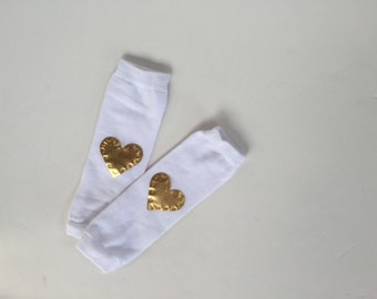 White Leg Warmers, Gold Heart Leg Warmers