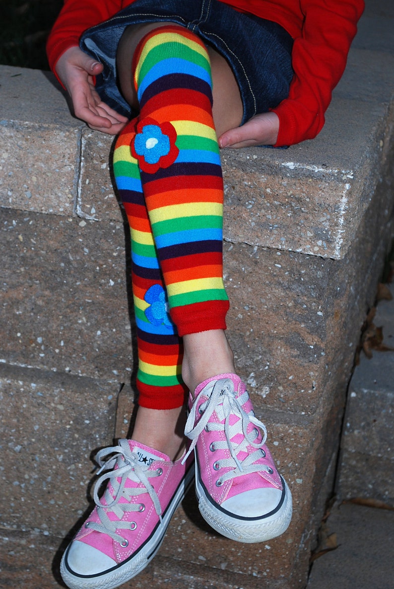 Newborn Rainbow Flower Baby Leg Warmers: flowers on rainbow striped leg candy image 5