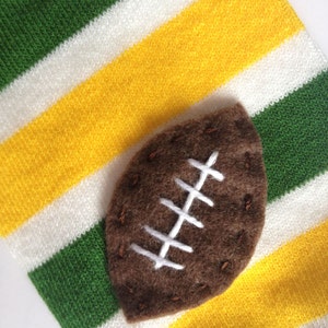 Snack Size Leg Candy Football Baby Leg Warmers: green, yellow, white stripes with footballs image 4