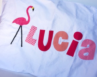 personalized kids decor Personalized Pillow Case, Flamingo Pillow, pinknpeach coral Applique Letters 320 Thread Count Satin