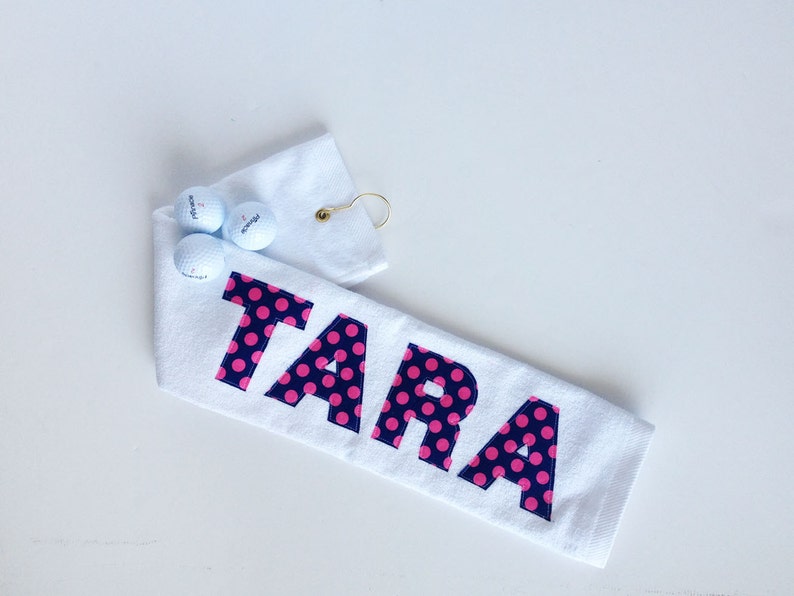 Personalized Polka Dot Golf Towel with Hook Teacher Gift, Mother's Day, Choose Your Own Fabric image 3