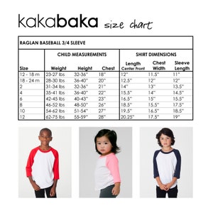 May include: Size chart for raglan baseball 3/4 sleeve shirts for children. The chart shows sizes from 12-18 months to size 12, with corresponding weight, height, chest, length, chest width, and sleeve length measurements in inches and pounds.