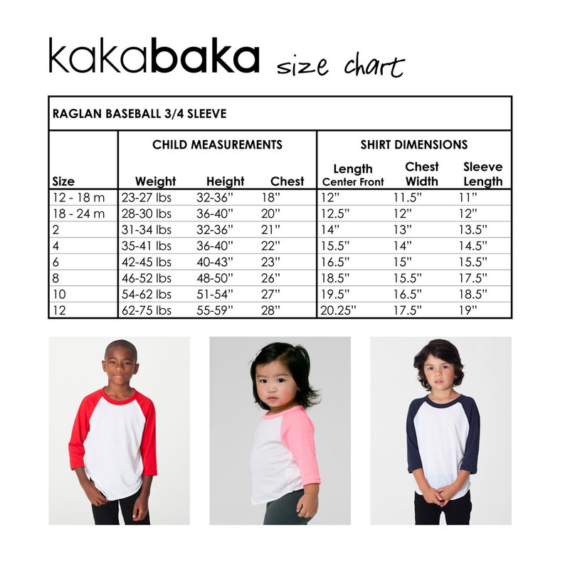 May include: Size chart for raglan baseball 3/4 sleeve shirts for children. The chart shows sizes from 12-18 months to size 12, with corresponding weight, height, chest, length, chest width, and sleeve length measurements in inches and pounds.