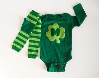 St. Patrick's Day Shamrock Initial Green One Piece With Hand Dyed Baby Leg Warmers