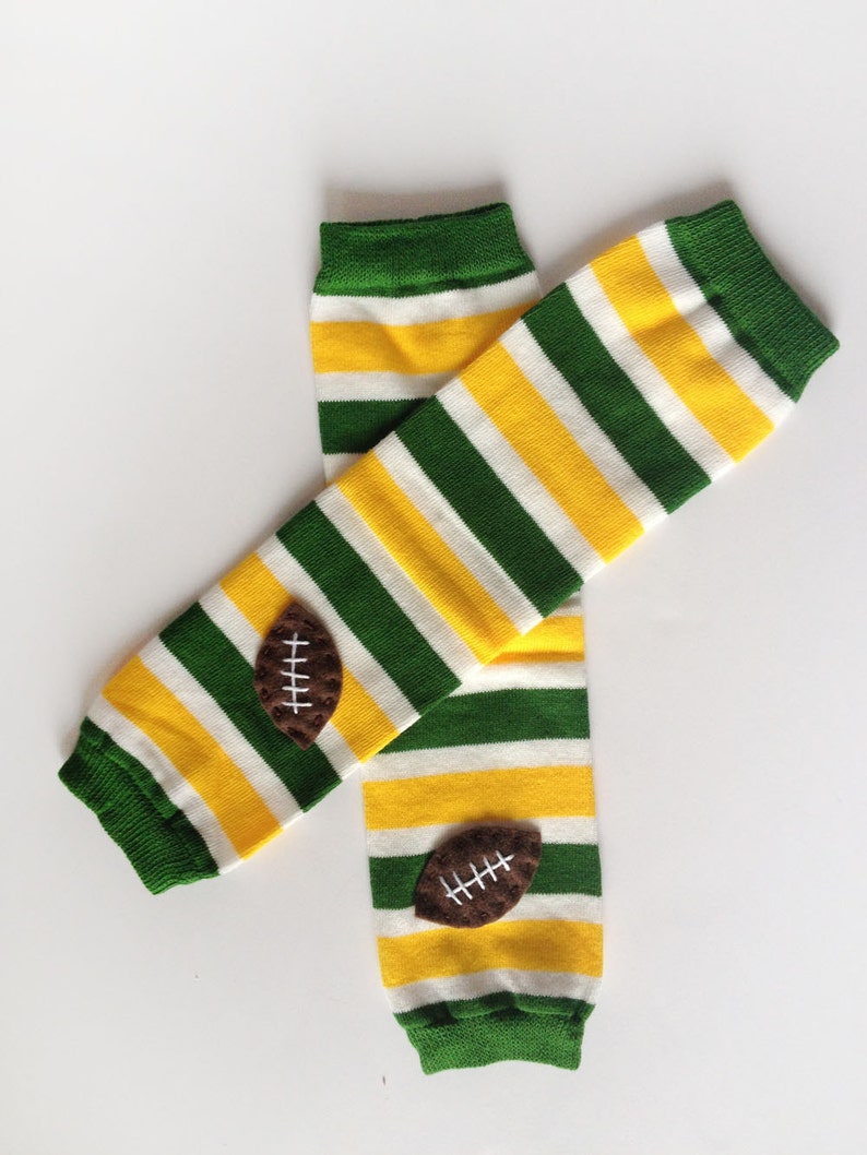 Snack Size Leg Candy Football Baby Leg Warmers: green, yellow, white stripes with footballs image 3