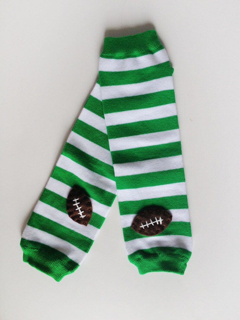 Football Baby Leg Warmers: green and white stripes with footballs Snack Size Leg Candy image 3