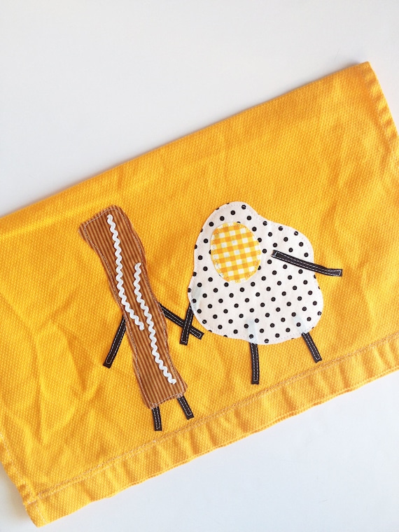 Tea Towel Bacon & Eggs Kitchen Towel - Anniversary, Wedding, Housewarming - Applique on hand dyed Yellow Huck Towel