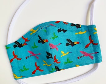 Turquoise Blue Parrot Face Mask With Pocket for filter and fabric ties, Bright Parrots face mask