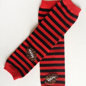 Football Baby Leg Warmers: red and black stripes with footballs image 2