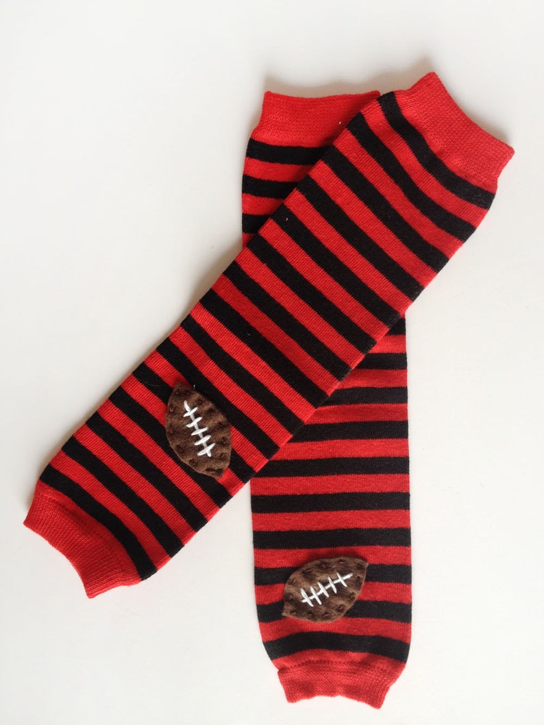 Football Baby Leg Warmers: red and black stripes with footballs image 2