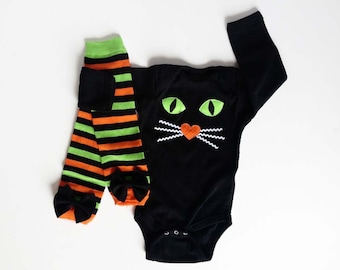 Halloween Black Cat One Piece with Orange and Lime Green Baby Leg Warmers