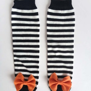 Halloween Baby Leg Warmers Black and White Stripe with Bows - larger size backorder 1-2 weeks