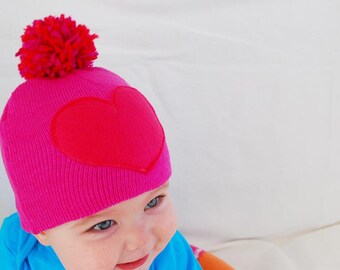 Baby / Toddler Hat - Hot Pink  with Red Pom Pom and Heart Applique