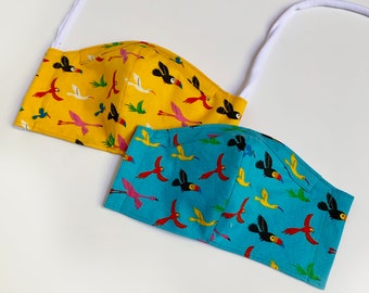 Parrot Fabric Face Mask With Pocket for filter and fabric ties, Bright Parrots face mask