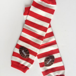 Football Baby Leg Warmers: red and white stripes with footballs image 2