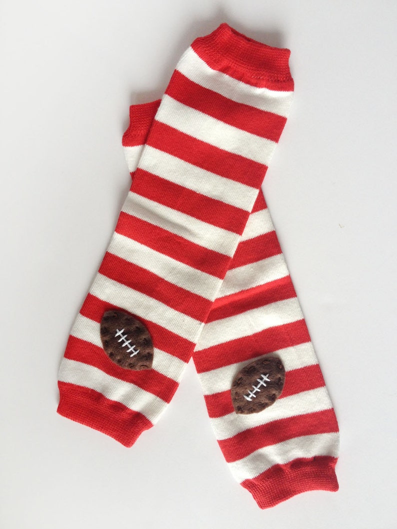 Football Baby Leg Warmers: red and white stripes with footballs image 2