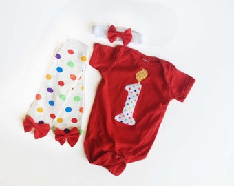 First Birthday Number 1 Candle Short Sleeve Red One Piece Bodysuit Creeper