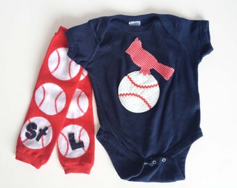 Cardinal Bird on a Baseball One Piece with Red and White STL Baseball Leg Warmers, St Louis