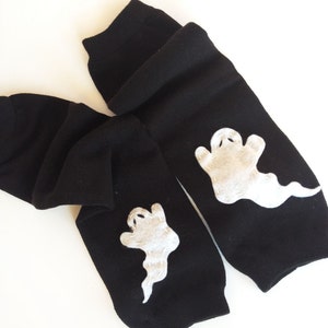 Halloween Baby Leg Warmers solid black with white ghost image 1