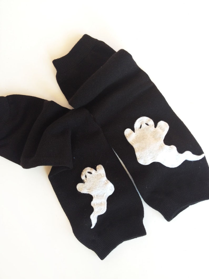 Halloween Baby Leg Warmers solid black with white ghost image 1