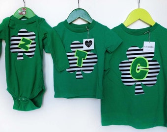 St. Patrick's Day Green Shamrock T Shirt - Stripes, Initial for kids and babies