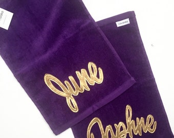 Personalized Girl's Kid's Golf Towel with metallic gold name. Youth golf towel. Kids golf towel. metallic gold golf towel.