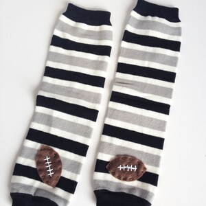 Football Baby Leg Warmers: black, grey and white stripes with footballs Snack Size Leg Candy image 3