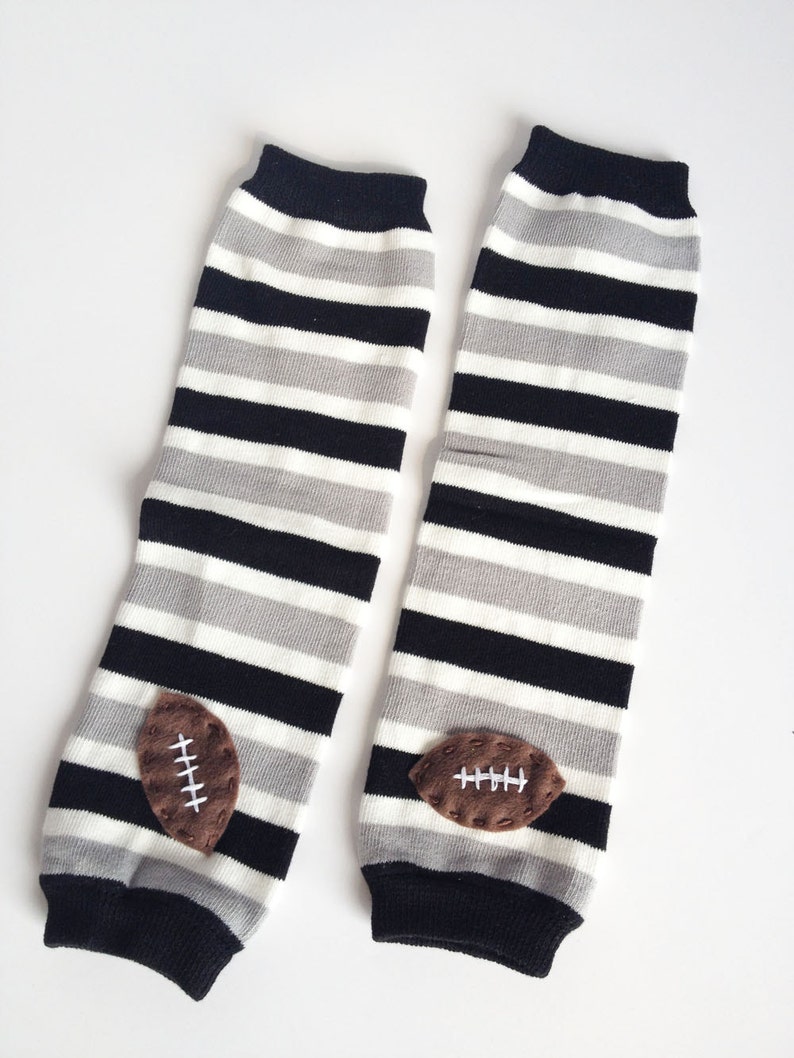 Football Baby Leg Warmers: black, grey and white stripes with footballs Snack Size Leg Candy image 3