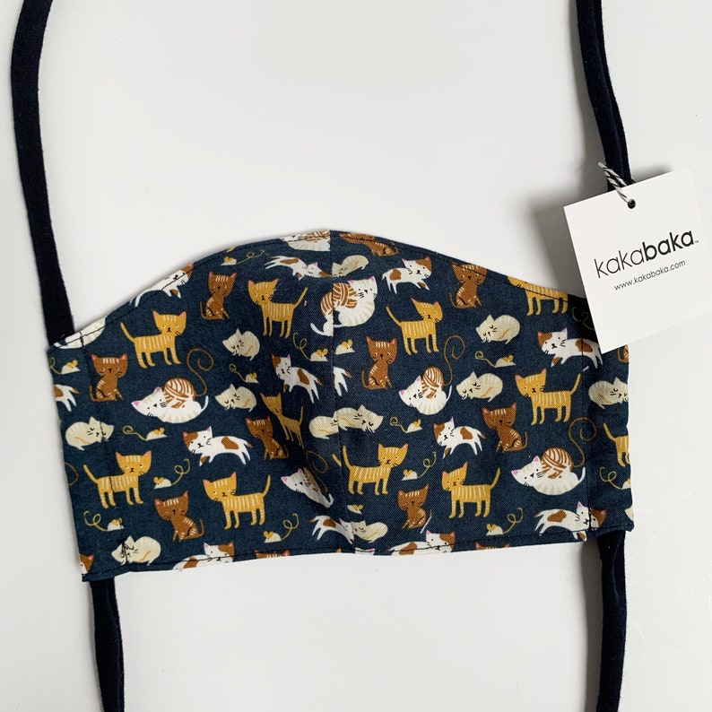 Navy Blue Cat Fabric Face Mask With Pocket for filter and fabric ties, cat face mask image 1