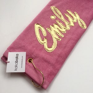 Personalized Ladies Golf Towel with metallic gold name Teacher Gift, Mother's Day, Choose Your Own Fabric